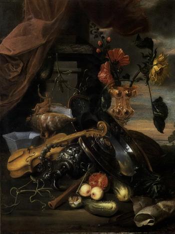 Still life with musical instruments, flowers, fruit and vegetables by 
																	Gabriele Salci