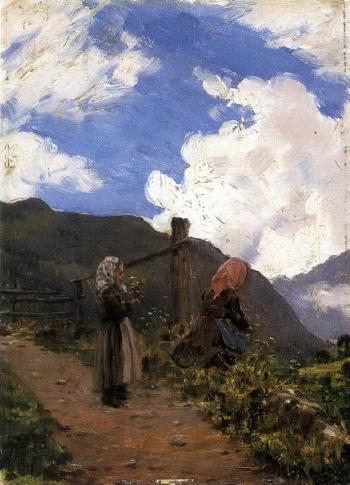 Mountainous landscape with peasant women by 
																	Giovanni Rava