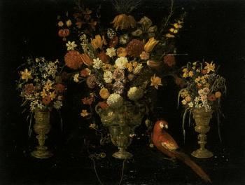 Still life of tulips, carnations and other flowers, parrot and chained squirrel by 
																			Astolfo Petrazzi