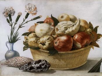 Still life with a basket of fruit, vase of carnations and shells all resting on a table by 
																			Giovanna Garzoni