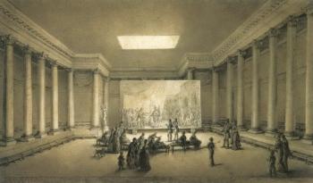 Assembled company in a neoclassical building, admiring large painting by 
																	Jan Piotr Norblin de la Gourdaine