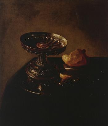 Tazza and bread roll on pewter plate resting on draped ledge by 
																	Jan Jansz den Uyl
