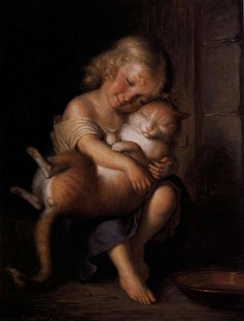 Girl with cat by 
																	Alfred van Muyden