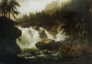 Wooded river landscape with waterfall by 
																	Johann Caspar Rahn