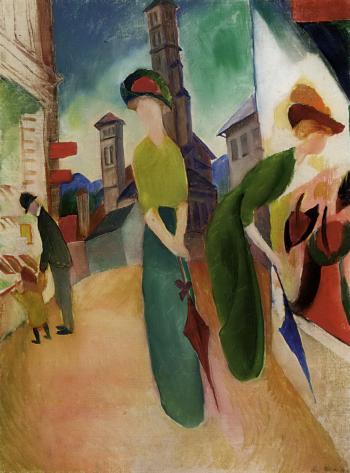 Zwei frauen vor dem hutladen - Two women in front of a hat shop by 
																			August Macke