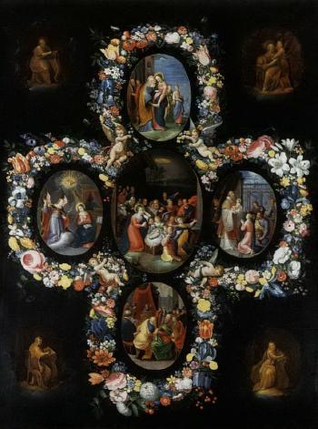 Scenes de la vie de la Vierge entourees d'une guirlande de fleurs by 
																	Cornelis de Baellieur