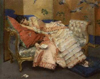 Interior scene with young woman resting on sofa by 
																	Raphael de Ochoa y Madrazo