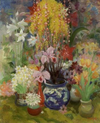 Still life of flowers in jugs and vases by 
																	Fritz Karfve