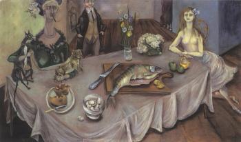 Portrait of Bessia Lowenherz with still life and figures by 
																	Bele Bachem