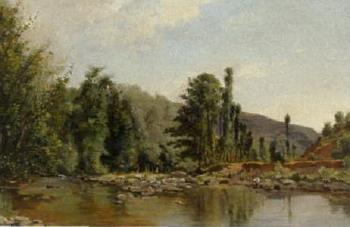 River landscape by 
																	Ernest Joachim Dumax