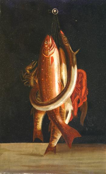 Still life of fish, eel and lobster by 
																			John Tallman