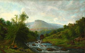 Mountainous river landscape with mill by 
																	Benjamin F Tryon