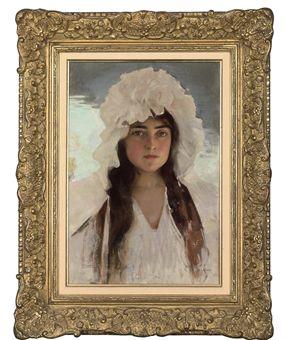 Portrait of a girl in a white bonnet by 
																	Albert Lynch