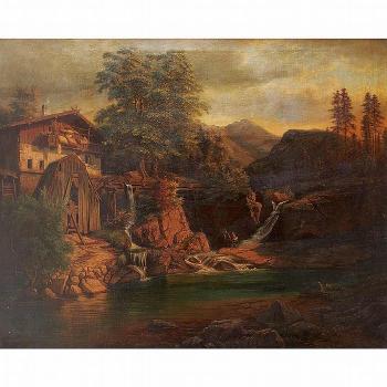 Mountain Landscape with a Watermill and a Figure Fishing by 
																	Carl Euler