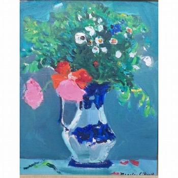 Still life of poppies. An abbey, seen through trees. Pink and white asters by 
																			Andree Ruellan