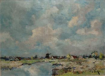 Landscape with windmills by 
																	Frans Francois Pierre Emile de Nocker