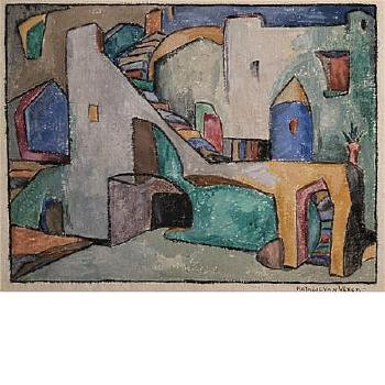 Seated man. View of a village by 
																			Natalie van Vleck