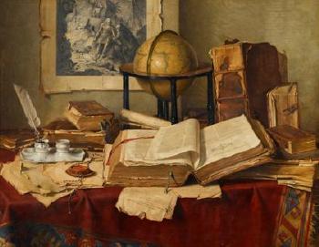 Still life with books, quill pen, globe and engraving by 
																	Josef Jurutka