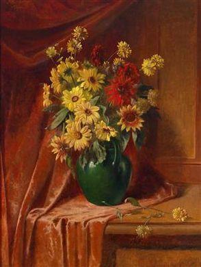 A Bouquet of Summer Flowers in a Pottery Jug by 
																	Max Ebersberger