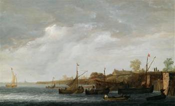 Fishing boats by a lock on a Dutch canal by 
																	Maerten Fransz van der Hulft