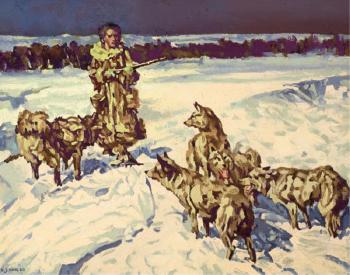Woman in a snowy field with pack of wolves by 
																	Victor Joseph Harles
