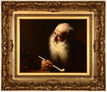 Bearded man seated with pipe and glass of red wine by 
																			Andre Crochepierre