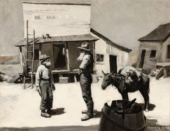 Two figures and a burro standing in a western town before the Love Hotel by 
																			Douglas Duer