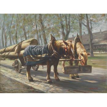 Rast am langholzwagen (horse team) by 
																	Hans Nickel