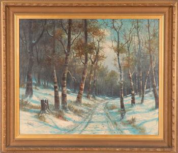 Winter landscape with pathway through deciduous forest by 
																	Leroy Dayton Updyke