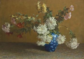 Flowers in a blue bowl by 
																	Dorothy Ochtman