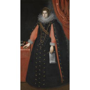 Portrait Of A Lady, Probably Maria Maddalena Of Austria, Standing Full Length, Wearing A Black Dress With An Ornate Lace Collar And Holding A Drawing Of Mary Magdalene by 
																	Justus Sustermans