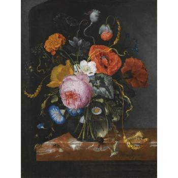 Still Life With Flowers In A Glass Vase On A Marble Ledge, Along With Ears Of Corn, Shells, A Snail, A Wasp And Other Insects by 
																	Jacob van Walscapelle