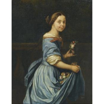 Portrait Of A Lady, Three Quarter Length, In A Blue Dress With An Armful Of Flowers by 
																	Jan van Neck