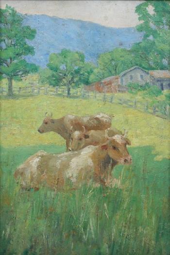 Blue Ridge Mountain farm with cows by 
																	Margaret Zimmele