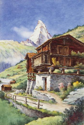 Landschaft mit Häusern und dem Matterhorn im Hintergrund by 
																	Ulrich Gutersohn