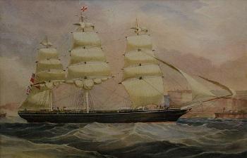 The clipper ship, British flag, off Sydney Heads by 
																	Frederick Garling