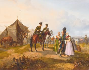 Begegnung auf dem Sonntagsspaziergang vor dem Feldlager begegnen heiratsfähige Töchter schmucken preußischen Kavalleristen by 
																	Ludwig Elsholtz