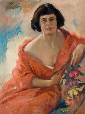 Portrait einer Frau in Rot by 
																	Alexej von Assaulenko