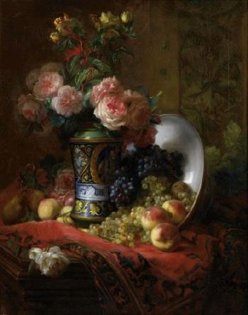 Vase de fleurs et fruits sur un entablement by 
																	Jean Maisiat