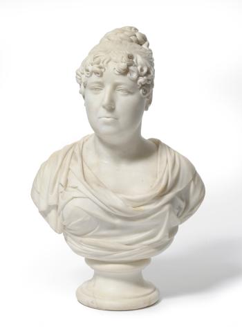 Portrait Bust of a Lady, a member of the Thorald family, her head turned slightly to dexter, her hair tied up in plaits, her shoulders draped in classical robes by 
																	Peter Rouw
