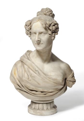Portrait bust of a lady, a member of the Thorald family, her head turned slightly to dexter, her hair tied in plaits and ringlets, draped at the shoulders in classical style by 
																	Peter Rouw