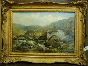 Figures beside a watermill in a landscape by 
																	James Callowhill