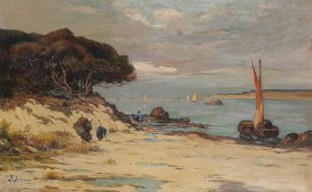 Mediterranean coastal view with fishermen at work on the beach by 
																	Philippe-Antoine Audras