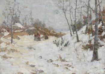 Paysage en hiver animé d'un couple sur un chemin creux by 
																	Felix Eyskens