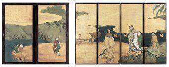 Chinese immortals; Chinese figures by a riverbank by 
																	 Kano Takanobu