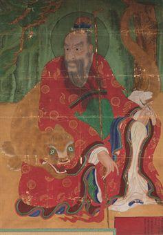Mountain spirit (Sansin) with tiger avatar by 
																	 Yakhyo