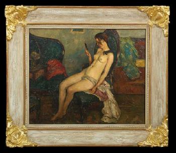 Nude in an interior holding a hand mirror by 
																	Janos Czency