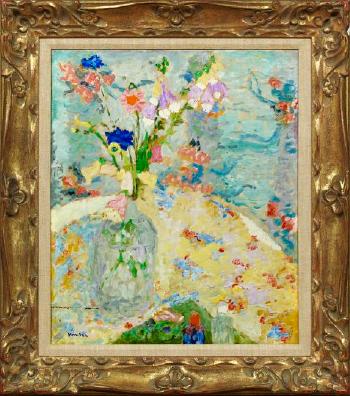 Bouquet of spring flowers in a glass vase by 
																	Jean Venitien