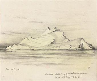 Tilted Bergs off the Barrier, Jan 25th 1902; Grooved & Muddy Berg off the Eastern end of Barrier Lat 78°-18's Long 162°-26'W Jan 29th 1902 by 
																	Charles Rawson Royds