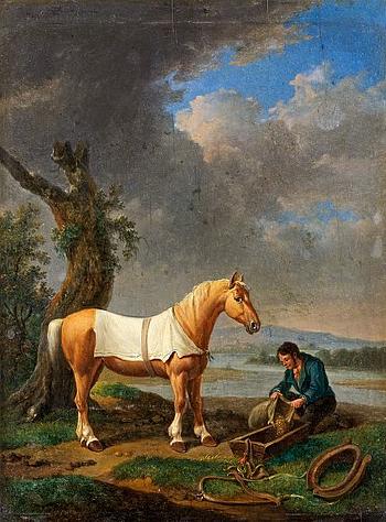Landscape with a resting horseman and his horse by 
																	Alexander Johann Dallinger von Dalling